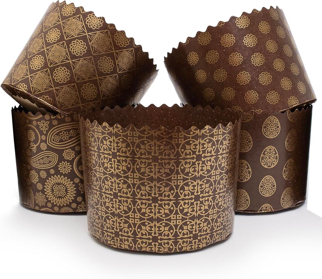 12 oz Round Panettone Paper Mold | 12 Pack | Non Stick Traditional Easter Bread Baking Forms  Golden-Bird Brown Design W 4.33 x H 3.35-In