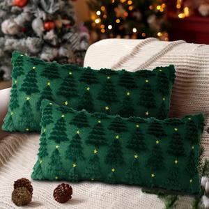 Lanpn Christmas 14x22 Throw Pillow Covers Set of 2, Winter Star Chrismas Tree Throw Pillow Cases Soft Plush Faux Fur Wool 14 x 22 Winter Cushion Cover for Indoor Home Bedroom Couch Sofa Decor (Green)