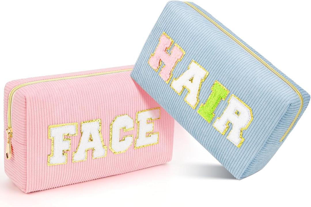 2Pcs Makeup Bag for Girls Gifts, Travel Toiletry Bag for Women, Corduroy Make Up Cosmetic Pouch Cute Preppy Stuff Bags for Teen, Birthday Graduation Gifts (HAIR & FACE)
