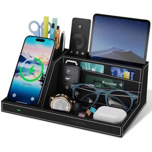 TopMade Wireless Charger Desk Nightstand Organizer, Leather Pen Holder Office Supplies Desk Accessories Fast Charging Station, Remote Control Holder, for iphone Charger Stand Gifts for Men (Black)