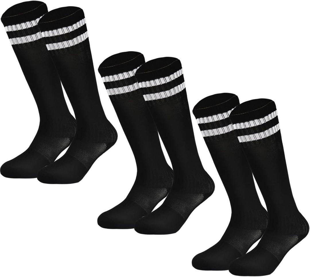 Youth Soccer Socks Kids Athletic Socks Striped Cushion Knee High Baseball Socks (Black)