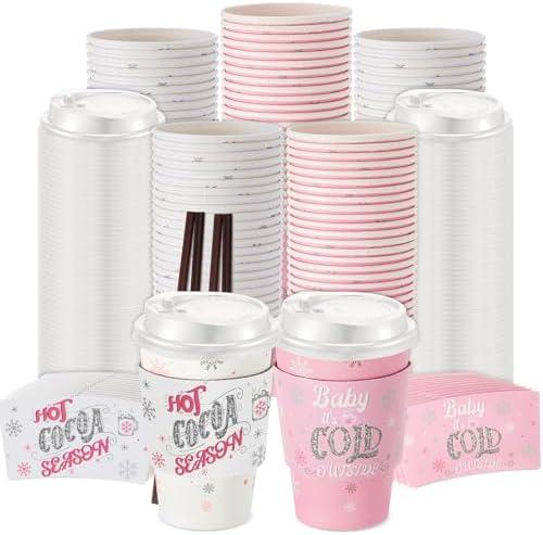 Pickmesh 50 Sets 12oz Winter Baby Shower Party Coffee Cup Sets, Baby It's Cold Outside Snowflake Hot Cocoa Bar Paper Cups with Lids, Sleeves Stirrers for Christmas Birthday Decor