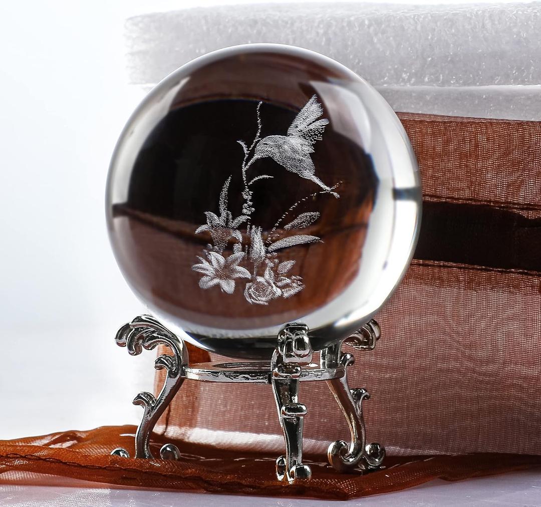 ZEERSHEE 60mm 3D Laser Hummingbird Crystal Ball Paperweight Figurines Glass Crystal Ball with Stand Gift (12)