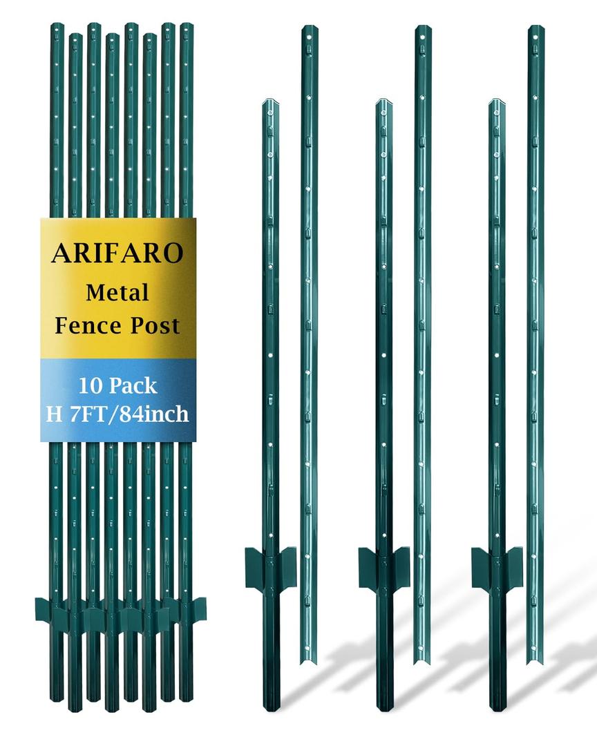 ARIFARO Metal Fence Posts 7 Feet assemblable,Pack of 10,Sturdy Duty No Digging Garden U Post for Wire Fencing Steel Poles for Yard, Outdoor (7 FT Splicable, Green 10 PCS)