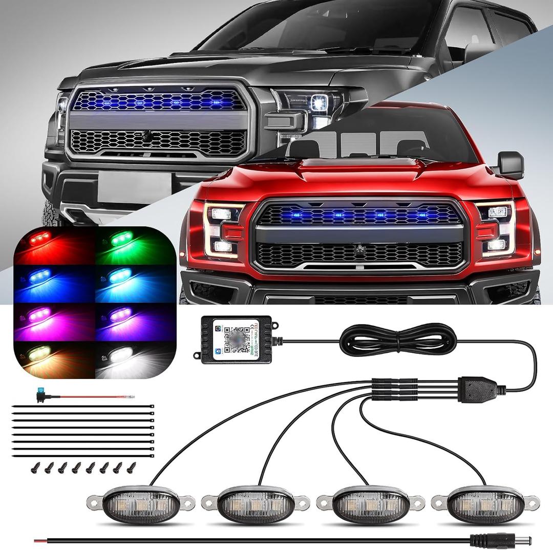 4 Pcs Led Universal RGB Grille Lights Compatible with Raptor Style Ford F150 for Dodge Ram 1500 Tundra with APP Control - LED Front Daytime Running Light Accessories with Fuse & Harness Clear