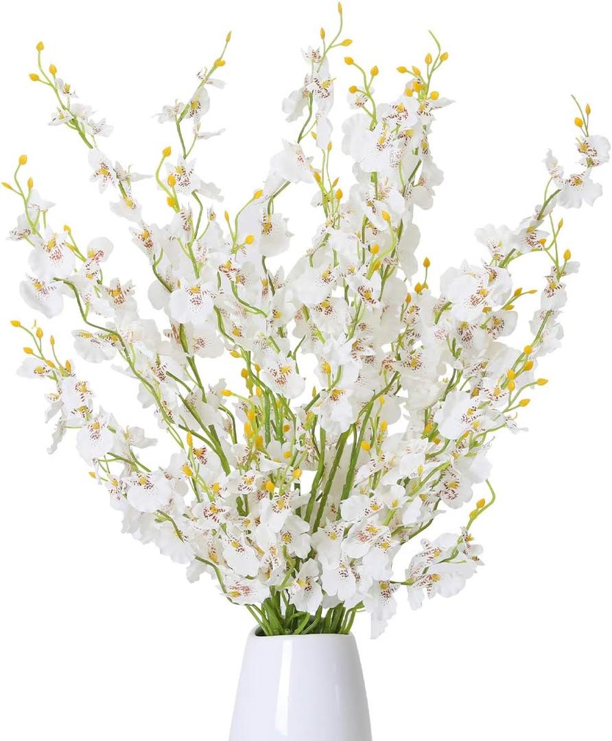 Kisflower 12Pcs White Artificial Orchids Flowers, Fake Dancing Orchids Bouquet Silk White Faux Bouquet for DIY Indoor Outdoor Wedding Party Home Kitchen Office Decoration