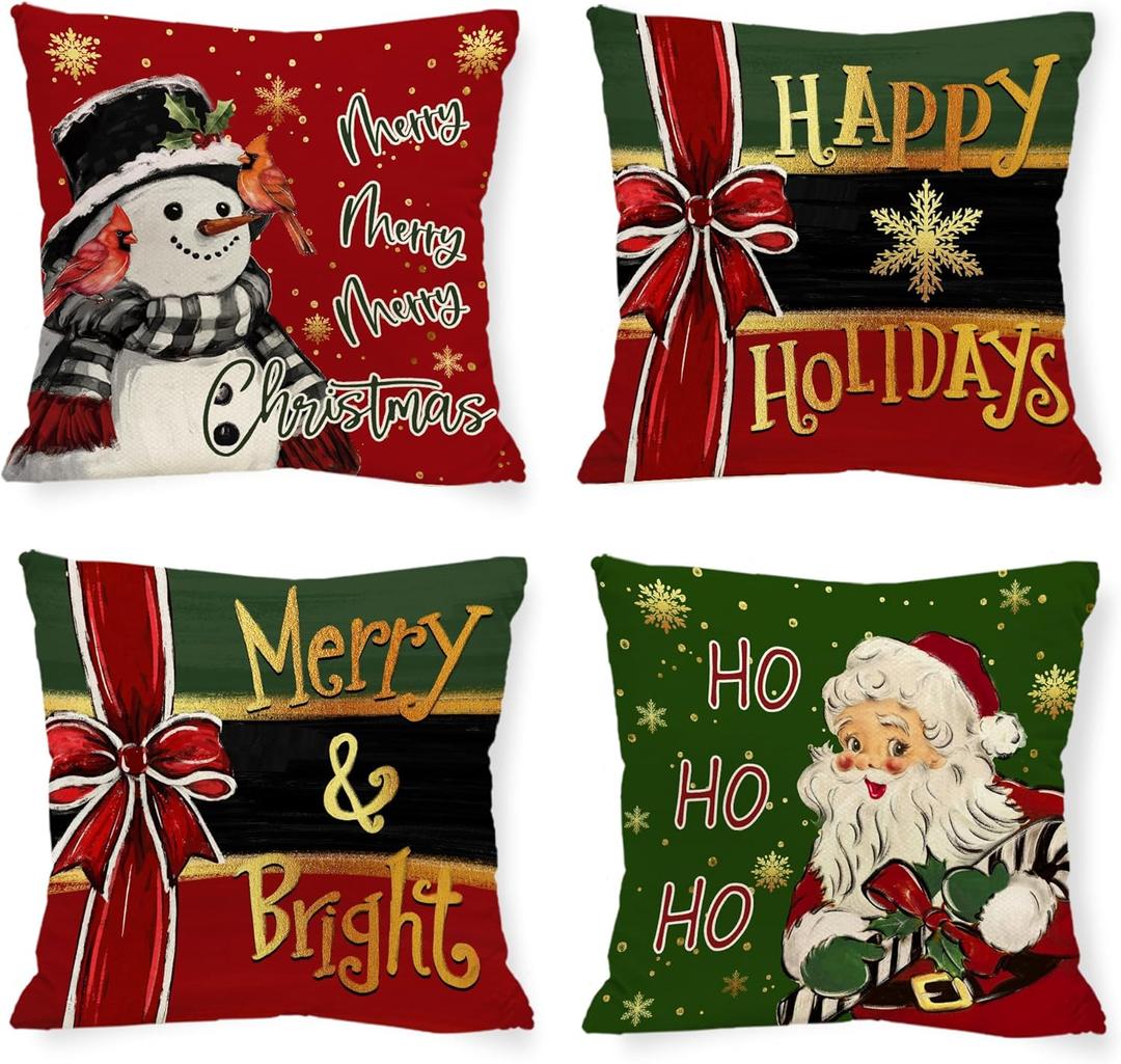 Christmas Snowman Pillow Covers Xmas Santa Claus 18 x 18 Inch Throw Pillows, Happy Holidays Winter Seasonal Snowflakes Decorative Farmhouse Cushion Case for Sofa Couch Set of 4
