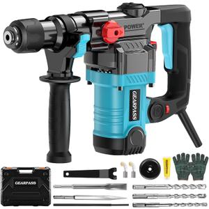 GEARPASS 1-1/ 4" SDS-Plus Rotary Hammer Drill, 12.5 Amp Heavy Duty Rotary Hammer, 3 Functions with Safety Clutch, 6 Speed, Corded Rotomartillo for Concrete, Drill Bits, Flat/ Point Chisels Included