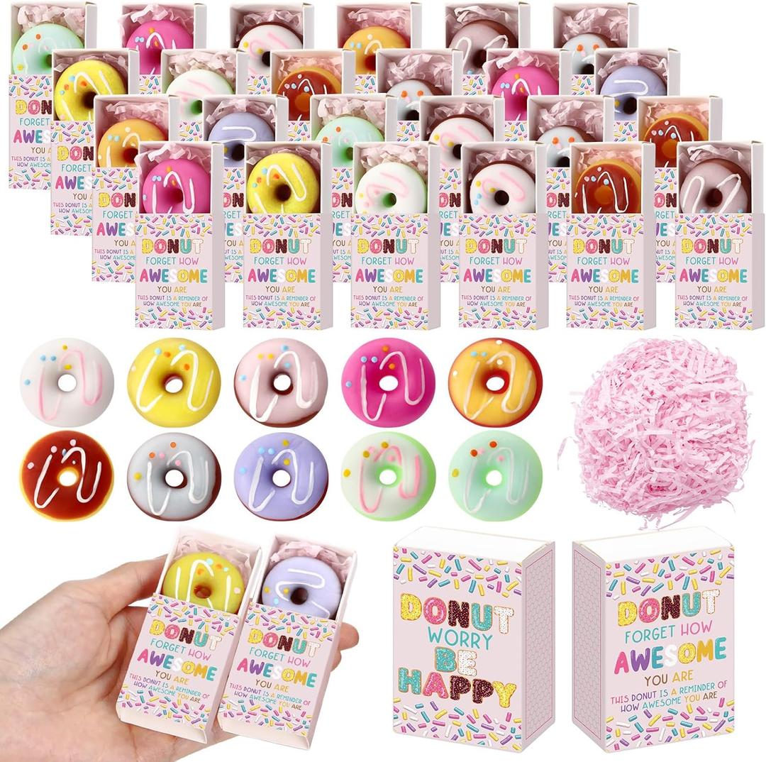 Wettarn 50 Sets Appreciation Donut Gifts Cute Stress Balls with Positive Reminder Boxes Bulk Party Favors for Employee Coworker Friends Office Desk Decor Christmas Valentines Birthday Stuffers