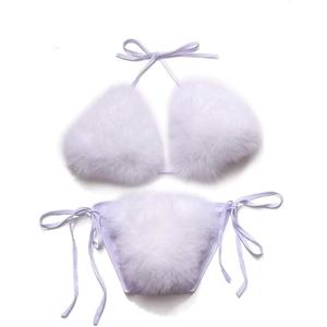 ZOSCGJMY Women's Faux Fur Halter String Triangle Bikini Sets Two Piece Swimsuits (White)