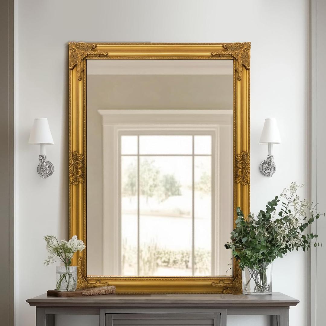 Vintage Gold Mirror for Wall, 28"x40" Antique Decorative Baroque Mirror with Imitation Metal Frame, Ornate Decorative Wall Mirror Decor for Entryway, Fireplace, Living Room, Hallway, Bathroom