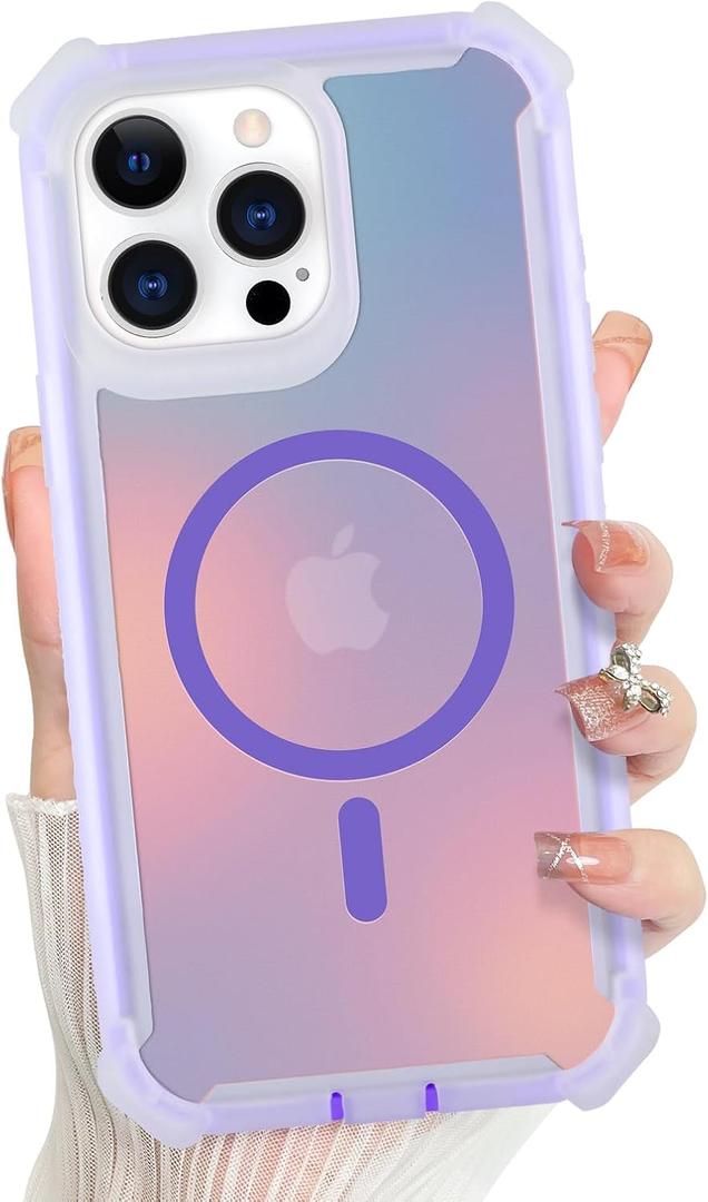 Bonoma for iPhone 15 Pro Case, Iridescent Back, Magnetic Support for MagSafe Shockproof Cover, Crystal and Corner High-Duty Protection for Girls Women -Purple