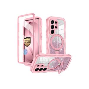for Galaxy S26 Ultra Case, [Cute Wavy] [Magnetic Stand][Fit for MagSafe][Glitter Card][Built-in 9H+ Screen Protector] Military-Grade Drop Proof Shiny Cover for Samsung Galaxy S26 Ultra,Pink