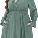 AlvaQ Plus Size Dresses for Women Square Neck Long Sleeve Dress Embroidery Eyelet A Line Sundress with Pockets L-4X (Green, XXL)