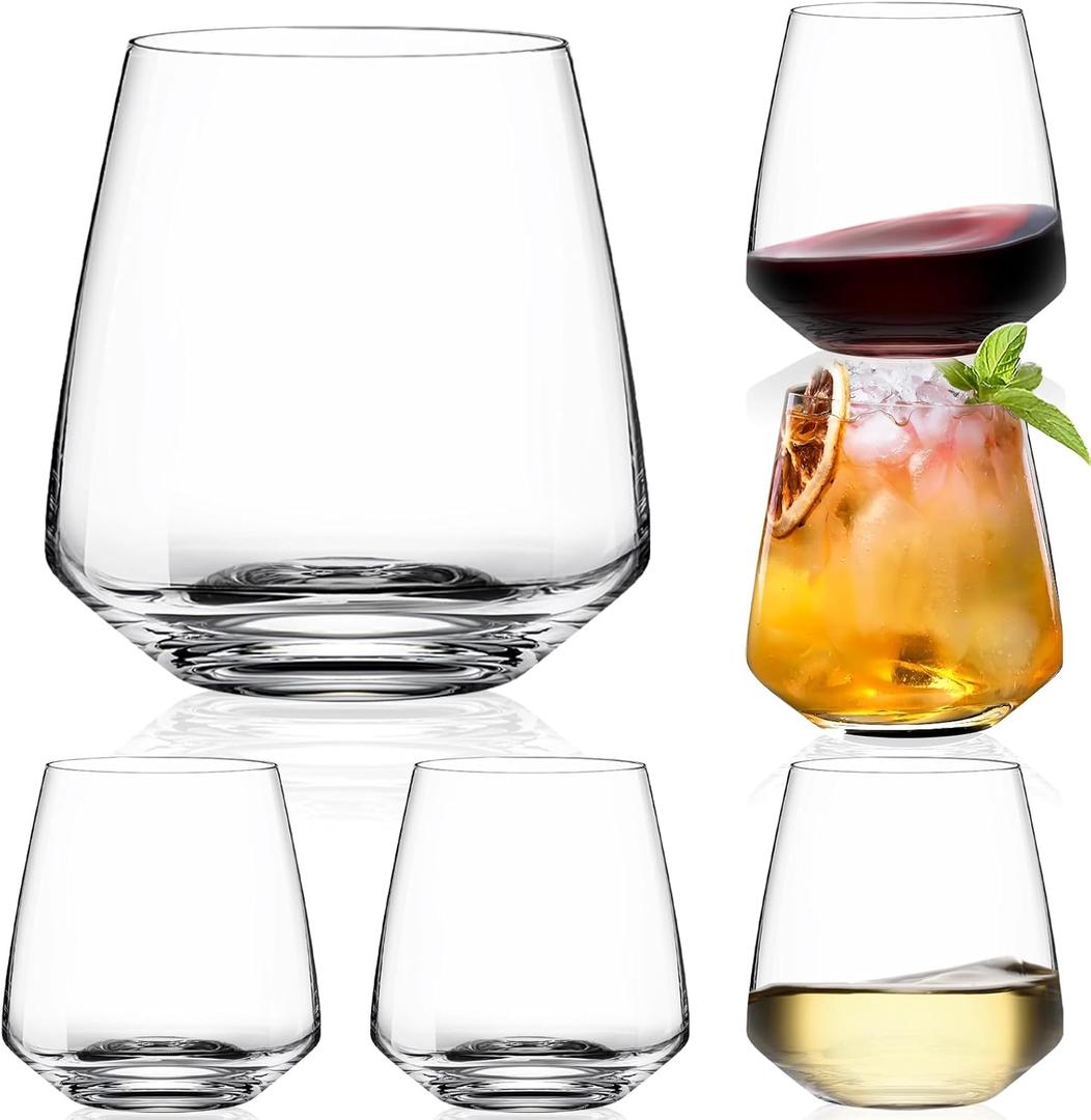 Stemless Wine Glasses Set of 6-15ozHand-Blown Durable Red White Wine Glasses,Unique Crystal Gifts for Him/Her for Wedding, Birthday,Mothers Day