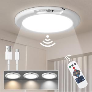 LINEWAY Rechargeable Motion Sensor Ceiling Light with Remote,Battery Operated LED Ceiling Lights 3 Colors Dimmer 7.5'' Wireless Closet Light Magnetic Motion Activated Shower Light for Shed Pantry (1 Pack, Multicolor)