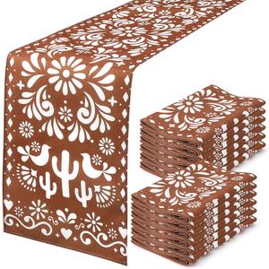 Hahafelt 12 Pcs Mexican Talavera Cielito Lindo Table Runner 71 x 13'' Linen Baby Shower Home Decor Traditional Cinco De Mayo Dia De Los Muertos Day of The Dead Fiesta Party Decoration Supplies (Brown)