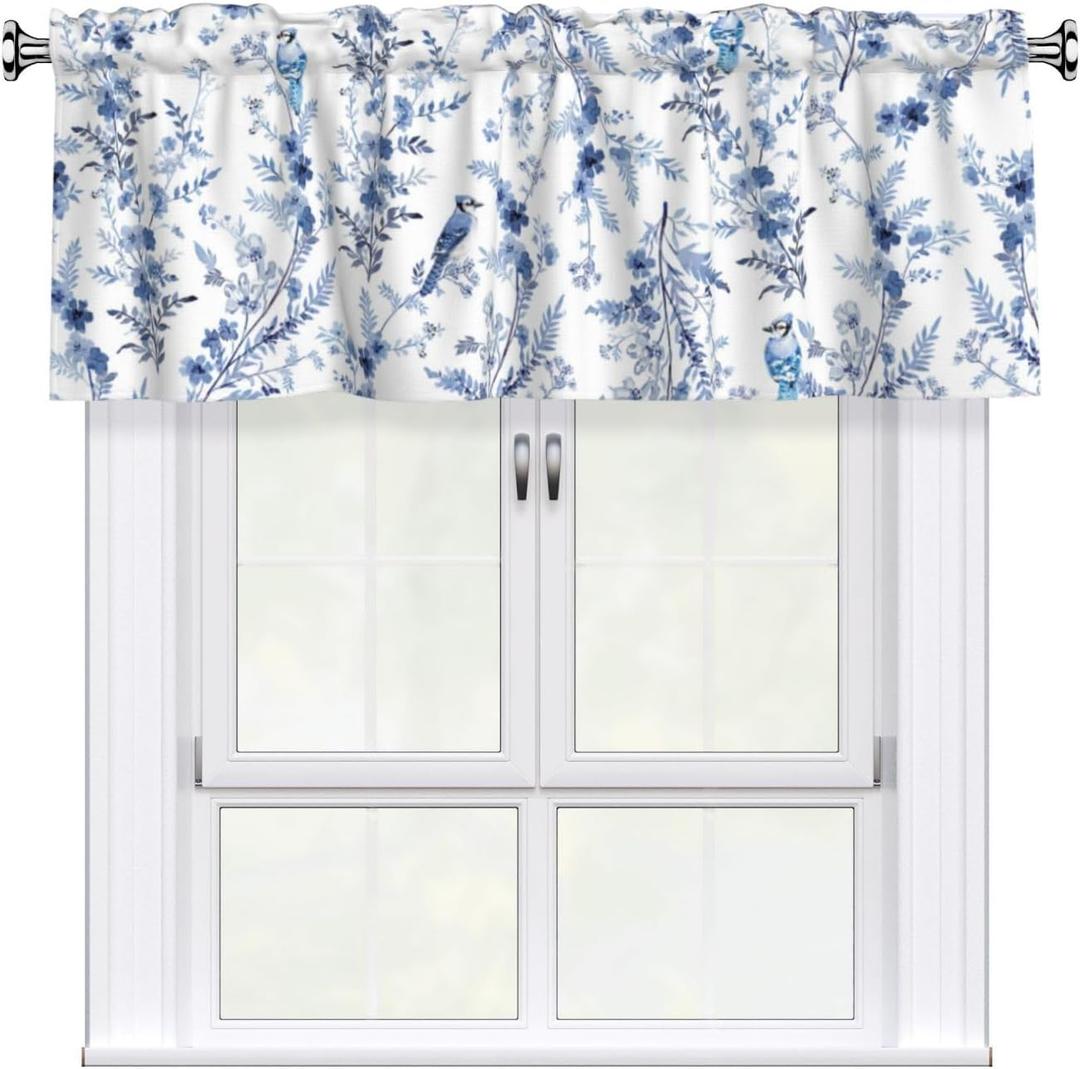 Miaoquhe Blue Vintage Flowers Birds Curtains for Bedroom Windows 54"x18",Chinoiserie Window Curtains Rod Pocket Valances for Kitchen Decoration
