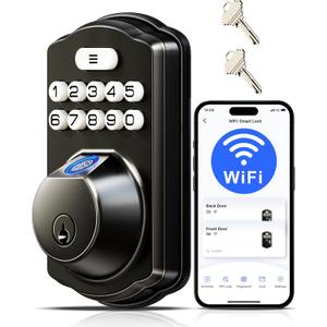 Veise VE012W Built-in WiFi Fingerprint Smart Lock, App Remote Control, No Hub Needed, Keyless Entry, Front Door Smart Deadbolt, Digital Keypad, Auto Lock, IP55 Waterproof, BHMA Grade 3, Matte Black
