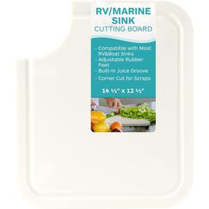 TonGass 14 1/2"x12 1/2"x1/2" RV Sink Cutting Board Compatible with Most RV Boat Kitch Sinks Plastic Chopping Board with Adjustable Rubber Feet Built-In Juice Groove and Corner Cut for Scraps - White