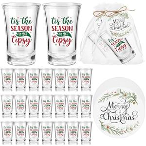 Roshtia 30 Sets Christmas Party Favors Acrylic Xmas Shot Glasses 1.2 oz Tis the Season to Get Tipsy Shot Glasses with Merry Christmas Tags Gift Bags Xmas Party Supplies for Friends Guests