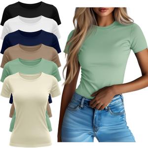Neer 6 Pack Fitted Basic T-Shirts for Women Bulk, Tight Crewneck Short Sleeve Tops Multipack Slim Casual Summer Tees Blouse (Large, Black, White, Navy Blue, Khaki, Bean Green, Cream)