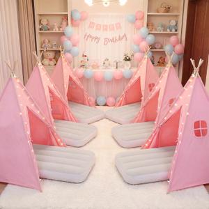 Wilwolfer 6 Pack Sleepover Tents for Kids Party, Tipi Foldable Play Tent with Inflatable Airbeds, Indoor Slumber Party Tent for Girls, Pink