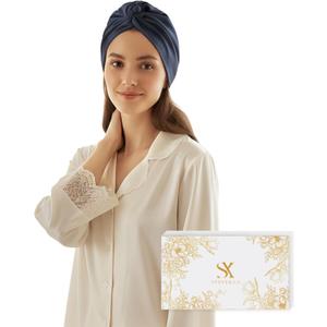 100% Mulberry Silk Bonnet for Sleeping, Elastic Band Night Cap for Women, Breathable Hair Wrap for Hair Protection (Navy Blue)