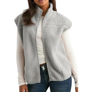 Tanming Womens Fuzzy Sherpa Fleece Vest Lightweight Cozy Sleeveless Gilet Zip Up Jacket with Pockets (Large, Grey)