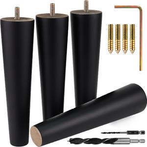 Black Round Furniture Legs - Premium Mid Century Legs for Sofa, Chair, Table, Dresser, Bed, Cabinet, Ottoman - Our Wooden Legs Are Easy To Install & Include Installation Hardware - Set of 4, 8 Inches