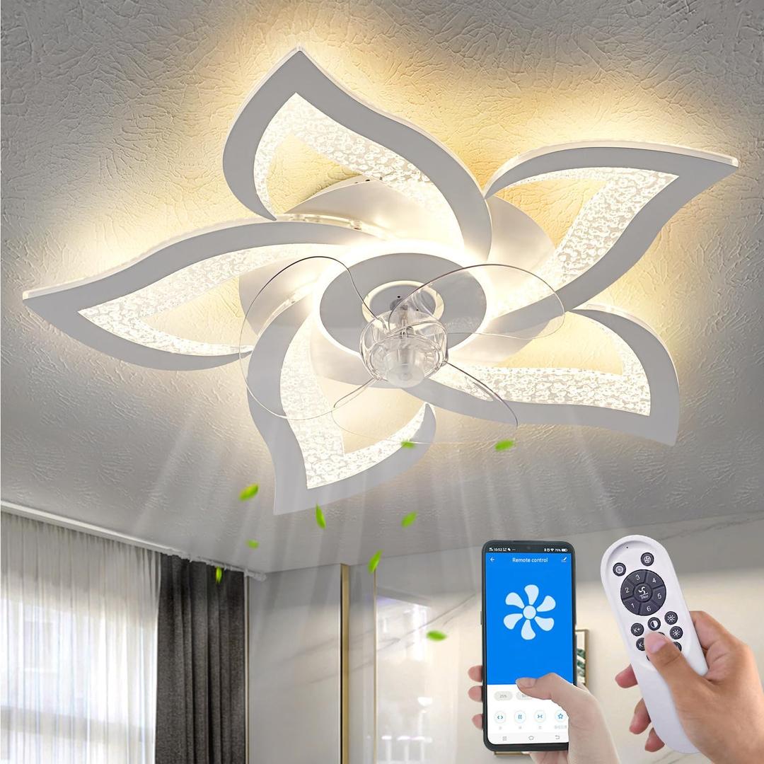 Yfrest Ceiling Fan with Lights Remote Control, White Personalized Ceiling Fan with Light, 6 Speeds 3 Light Color Flush Mount Ceiling Fan for Kitchen Bedroom, 24"-White