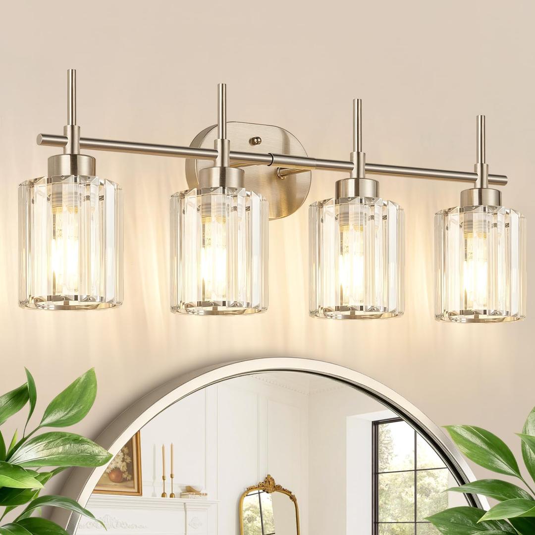 Modern Crystal Vanity Light Fixtures, 4-Light Brushed Nickel Bathroom Vanity Lighting Over Mirror, Bathroom Light Fixture with K9 Clear Crystal Shades for Bedroom, Living Room, Hallway