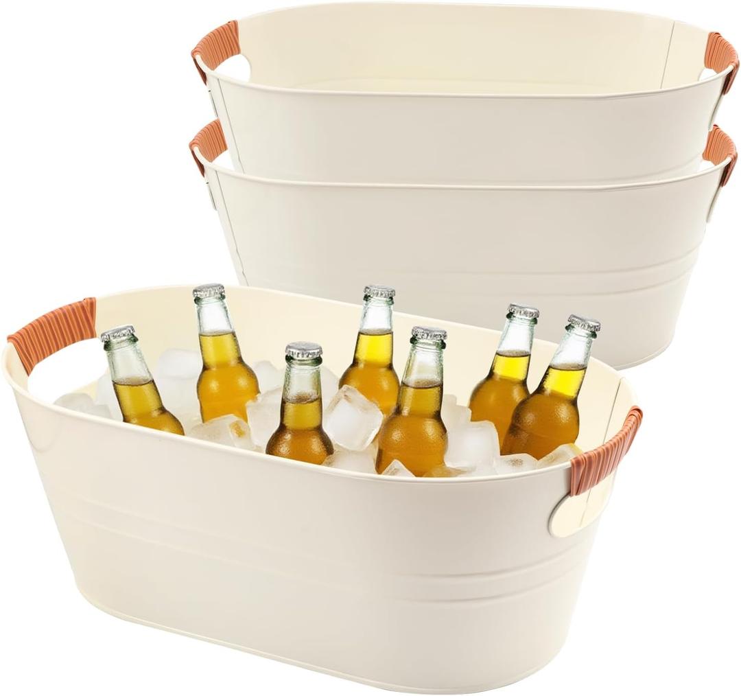 3 PCS 15.3 x 9 x 6 inches White Metal Galvanized Tub with Handles, 3 Gallon Galvanized Beverage Tubs for Parties, Large Metal Drink Ice Buckets for Beer, Wine, Cocktails & Outdoor Events