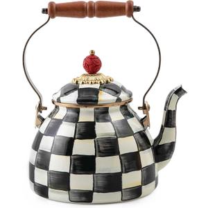 MACKENZIE-CHILDS Enamel Tea Kettle, Stylish Tea Kettle for Stovetop, Black-and-White Courtly Check, 2 Quarts (2 Quarts, Courtly Check)