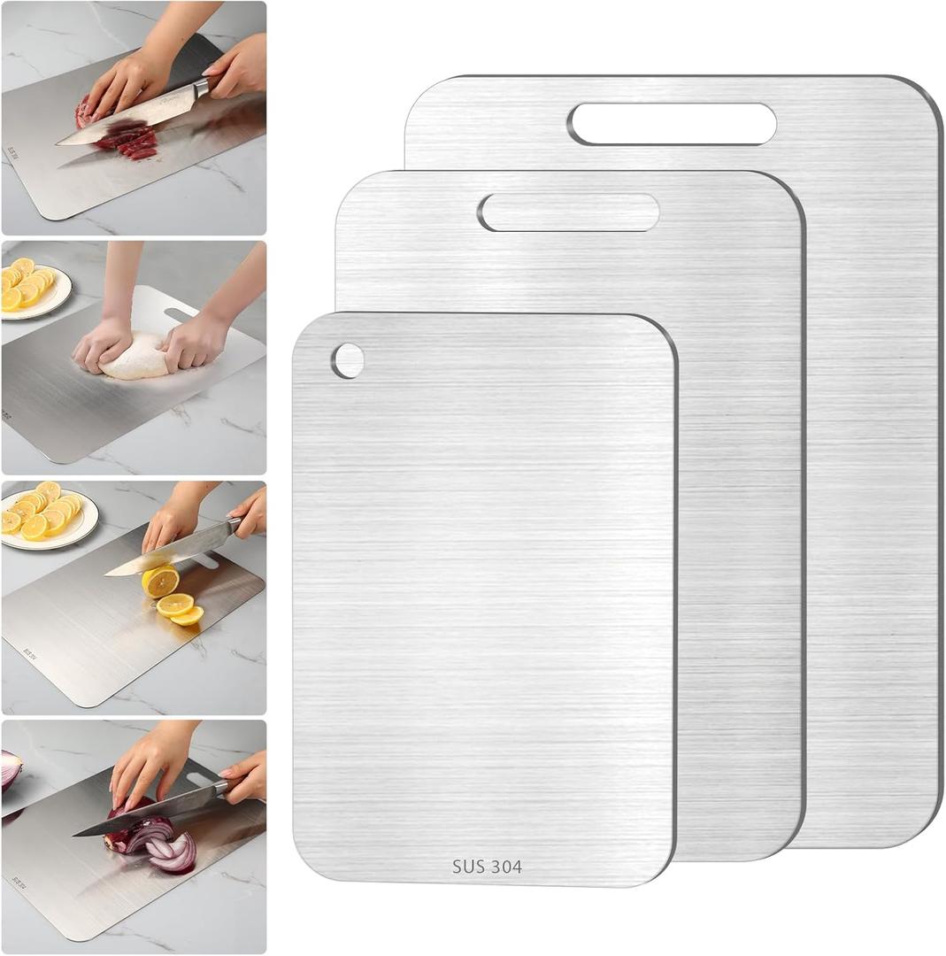 3PCS Stainless Steel Cutting Board Set, 304 Metal Kitchen Cutting Boards Non Toxic with Burr-Free Edges, Dishwasher Safe Non-Staining & Odor-Free for Meat, Vegetables, Fruits (S+M+L)