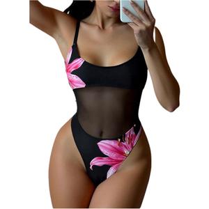 OYOANGLE Women's Floral Sheer One Piece Swimsuits Contrast Sheer Scoop Neck Bathing Suits Hawaiian Swimwear (Medium, Black)
