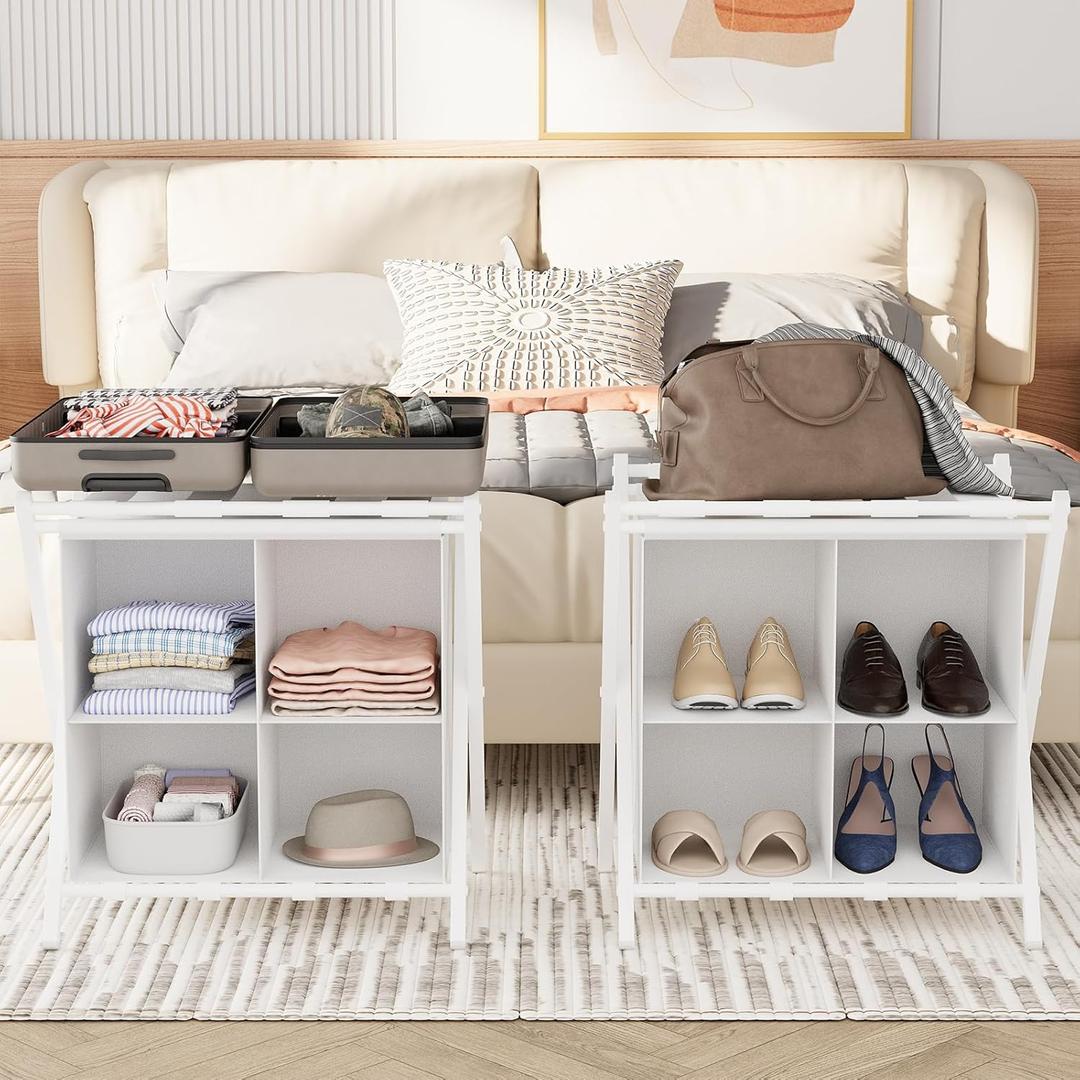 Aboxoo Luggage Rack with storage, Guest Room Folding Suitcase Stands, Holds up to 120 lb, Space Saving Suitcase Holders for guest room, Bedroom Hotel, White