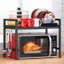 PUSDON Extendable Microwave Oven Rack, Adjustable Microwave/Toaster Shelf Heavy Duty Stand Kitchen Counter Top Organizer, 2 Tier with 3 Hooks, 160lbs Weight Capacity, Black