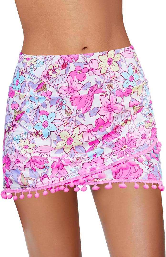 GRAPENT Women's High Waisted Bikini Bottoms Ruched Swimsuit Tulip Hem Swim Skirt (Large)