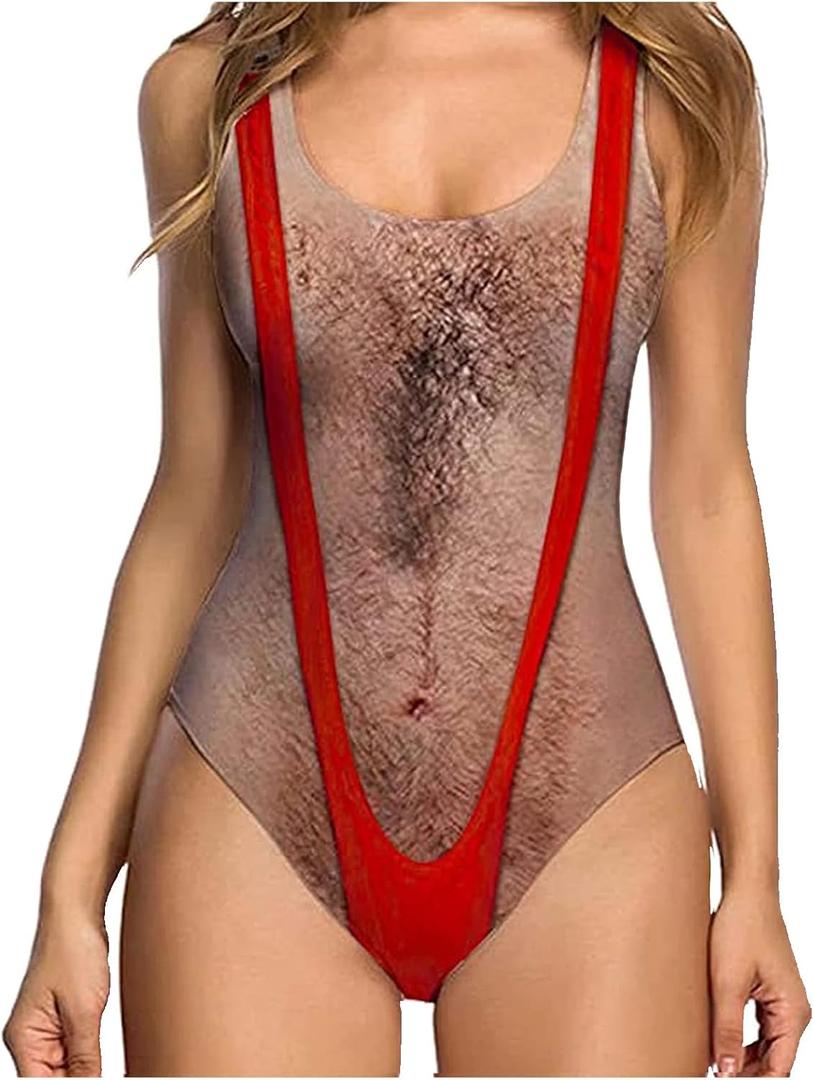One Piece Swimsuits for Women Hairy Chest Bathing Suit Funny Novelty Fake Muscles Beachwear Borat Swimsuit (Medium)