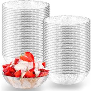 Gerrii 100 Pack Gold Glitter Plastic Bowls 14oz Disposable Salad Serving Bowls Heavy Duty Clear Dessert Soup Containers for Party, Wedding, Birthday, Dinner and Christmas(Silver)