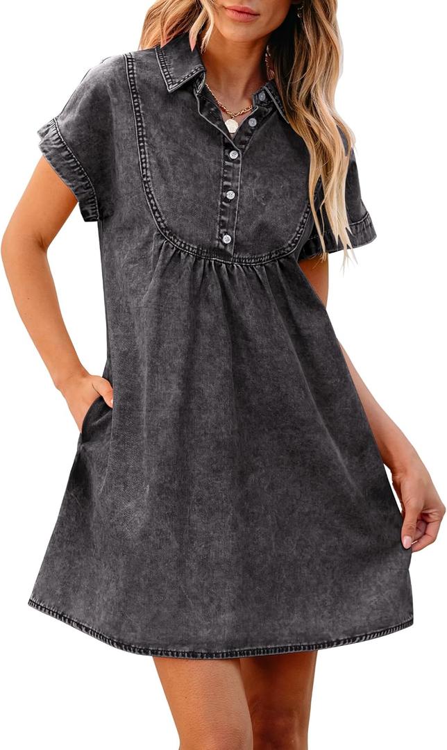 luvamia Denim Dress for Women Summer Short Sleeve Button Down Collared Pleated Western Jean Dresses with Pockets Relaxed XL 