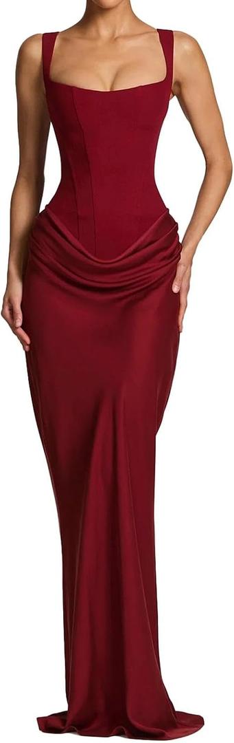 ABYOVRT Women Wedding Guest Dress Corset Bodycon Ruched Lace Up Back Maxi Dresses Formal Party (Wine,S)