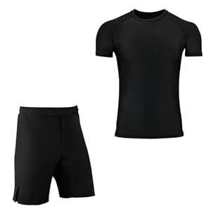ROAR-INT MMA Rash Guard & BJJ Shorts Set Kids Fight Training Grappling Wear Jiu Jitsu Gi Trunks Outfit Set (Standard, Black-HS-2pcs-set, Medium)