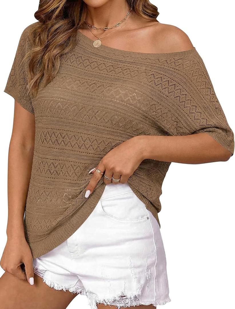 Cakulo Womens Off The Shoulder Batwing Short Sleeve Crochet Tops 2026 Spring Summer Sweater Top Knit Beach Cover Up (Small, Khaki)