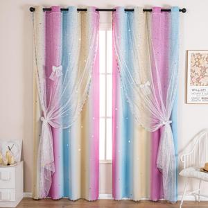 Kids & Girls Rainbow Ombre Double Layer Star Cutout Blackout Curtains with Foil Print Sheer, 2 Panels Set for Bedroom, Nursery, Living Room - Yellow Purple Blue, 52W x 84L
