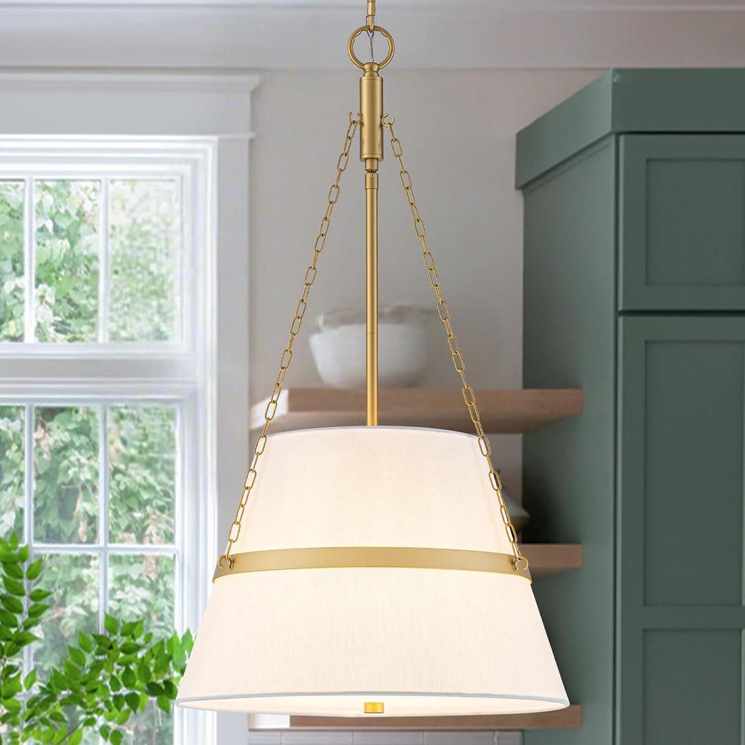 15.35" Gold Drum Chandelier, White Linen Pendant Light for Kitchen Island