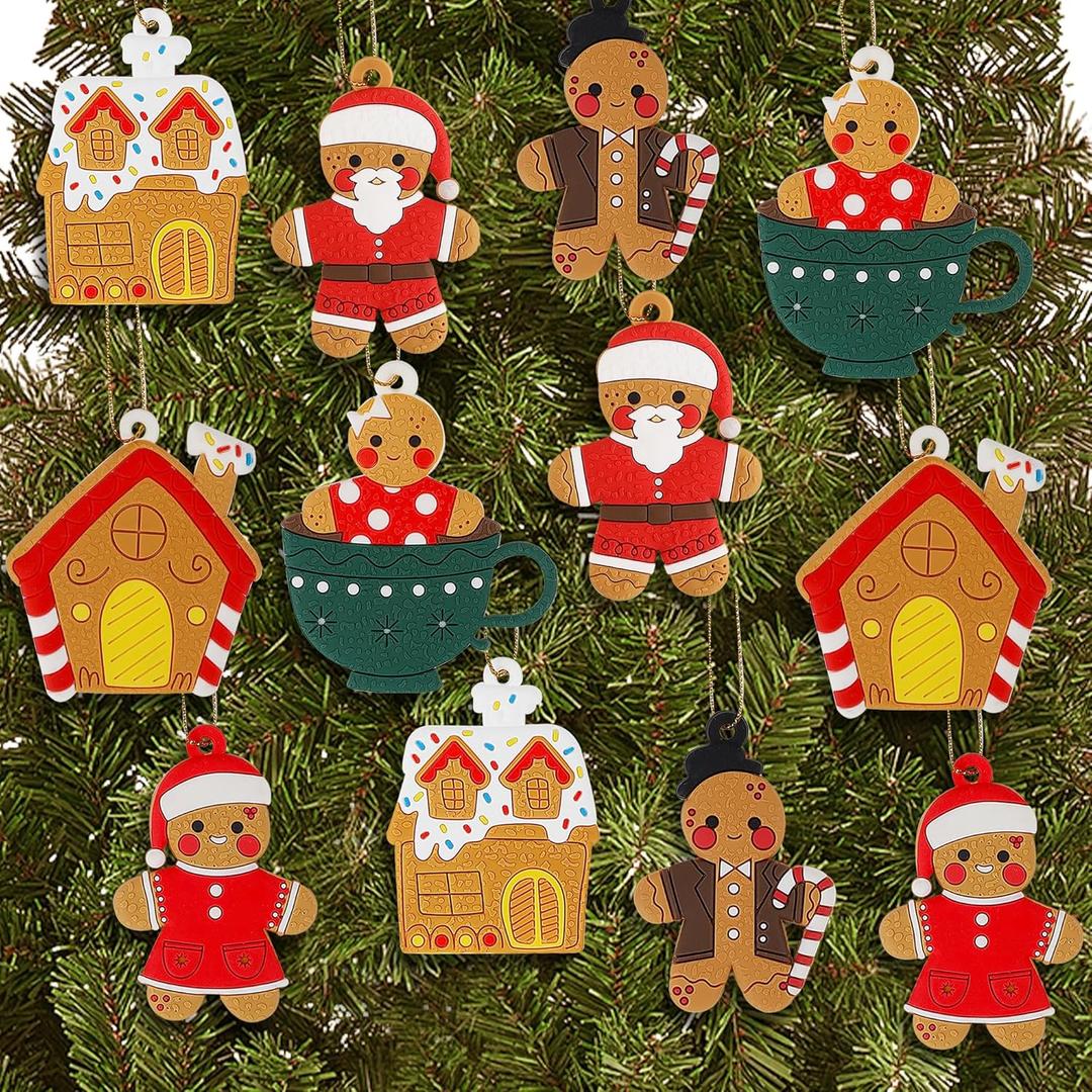 Lulu Home 12 Pcs Christmas Hanging Ornaments, Soft PVC Rubber Gingerbread Man & House for Christmas Trees Wreath Garland Gift Box Adornment DIY Accessories Holiday Xmas Decoration