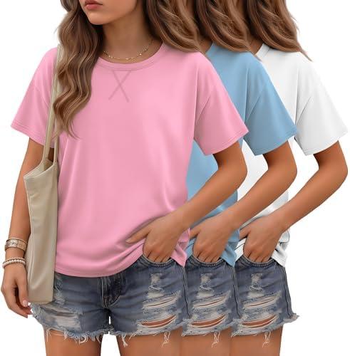 LessonZoo 3 Pack Girls Short Sleeve T Shirts | Crewneck Tops, Loose Fit, Summer, Comfy Basic, Casual Blouse, Teen 5-14 Years, Soft, Breathable, Daily Wear, 5-6Y
