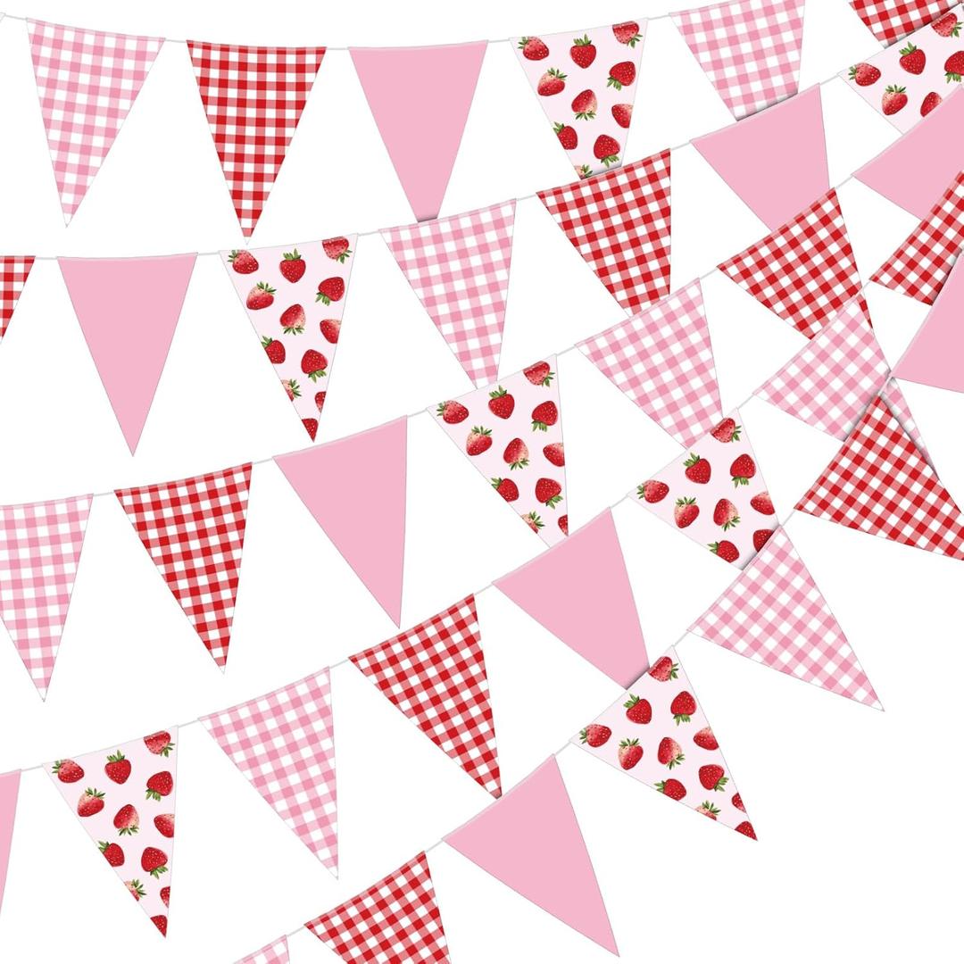Jetec 5 Pieces 49 Feet Strawberry Pennant Banners Party Decorations Red Berry Plaid Checkered and Pink Triangle Flags Bunting Banners for Strawberry Baby Shower Party Decor Indoor Outdoor Supplies